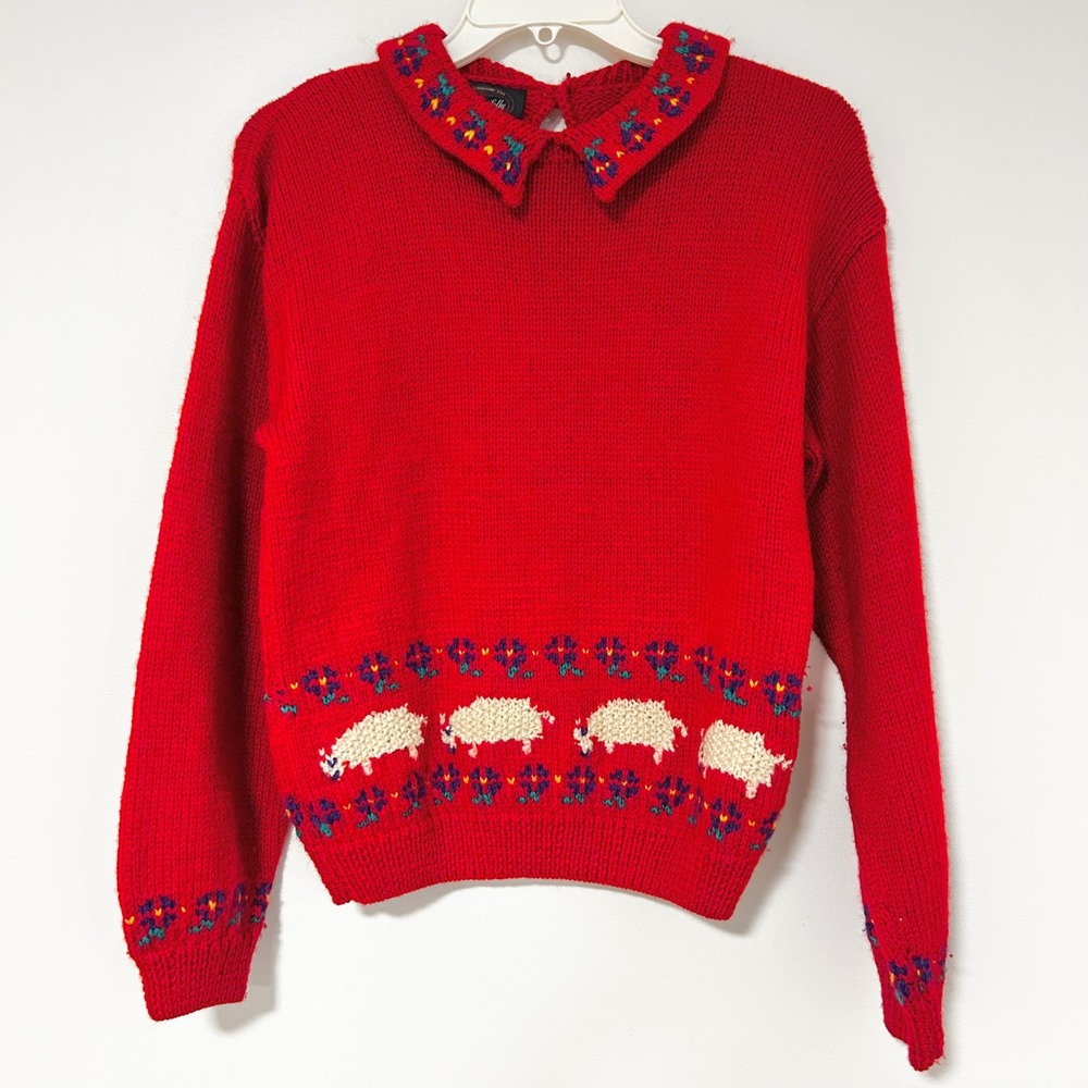 Vintage Allen Solly Red Wool Knit Sweater Embroidered Sheep Collar Women Medium - Picture 1 of 6